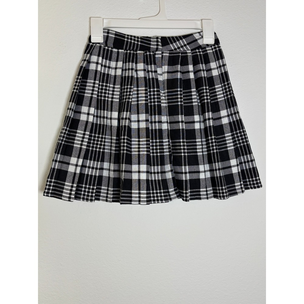 Black White Plaid Pleated Mini Skirt Tartan Checkered Skater Schoolgirl Preppy S